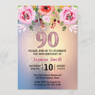 Modern Floral Gold Glitter 90th Birthday Invitation