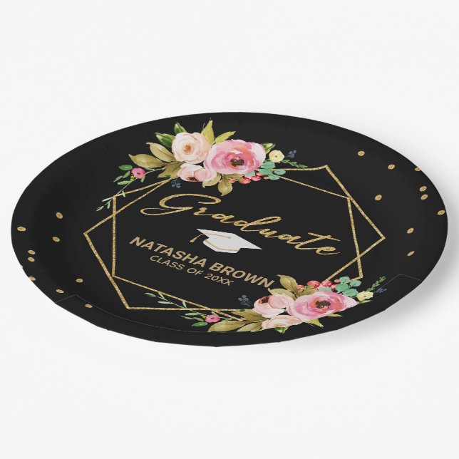 Modern Floral Gold Glitter Geometric Graduation Paper Plate (Angled)