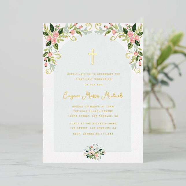 Modern floral gold text first communion (Standing Front)