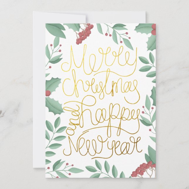 Modern Floral Gouache Gold Script Christmas Card (Front)