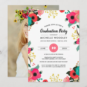 Modern Floral Graduation Invitation Photo Card