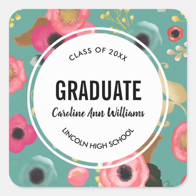 Modern Floral Graduation  Square Sticker (Front)