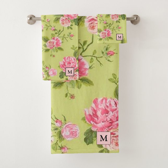 Modern Floral Green Rose Bath Towel Set (Insitu)