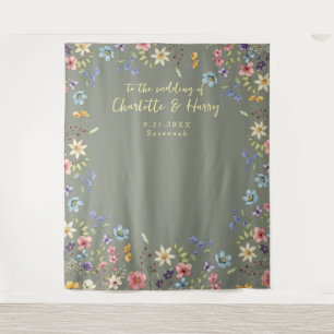 Modern Floral Green Wedding Photo  Backdrop Tapestry