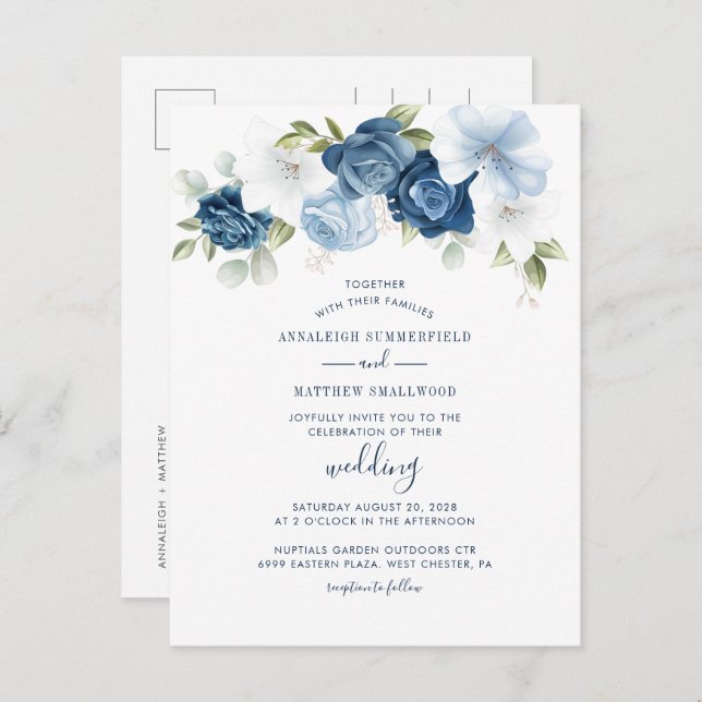 Modern Floral Greenery Dusty Blue Wedding Invitation Postcard (Front/Back)