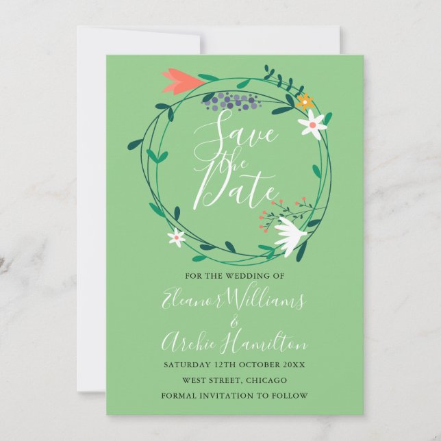 Modern Floral Greenery Garland Save the Date Invitation (Front)