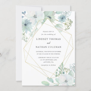 Modern Floral Greenery Gold Geometric Wedding Invitation