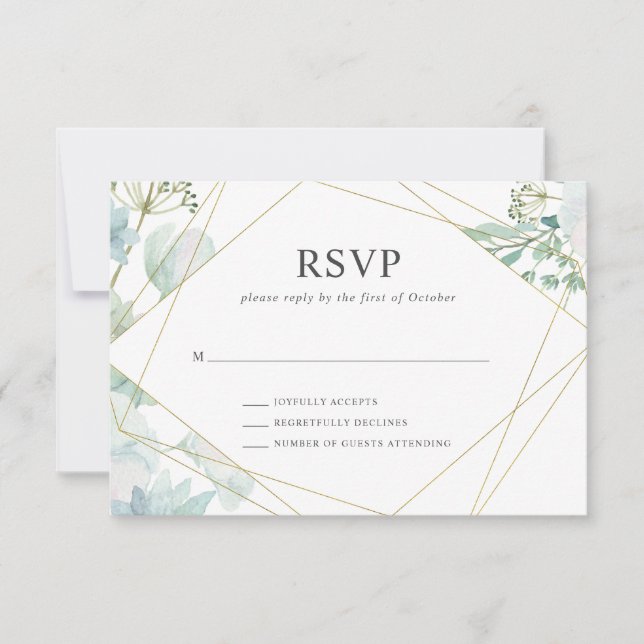 Modern Floral Greenery Gold Geometric Wedding RSVP Card (Front)