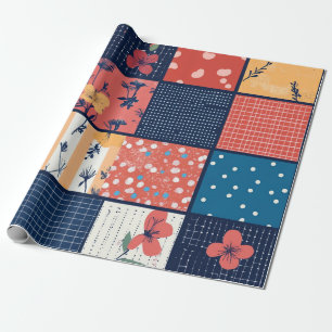Modern Floral Grid Patchwork Pattern Wrapping Paper