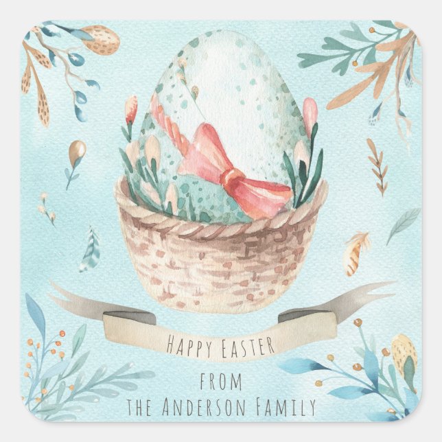 Modern Floral Happy Easter Wishes Boho Greetings Square Sticker (Front)