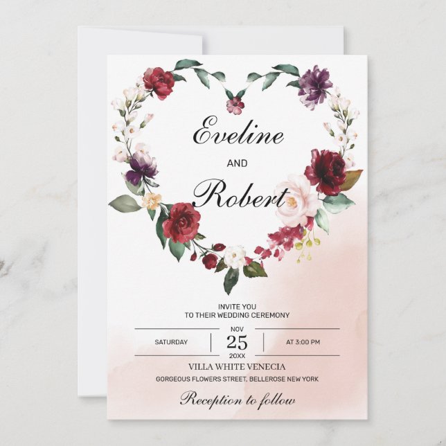 Modern floral heart burgundy and blush pink flower invitation (Front)