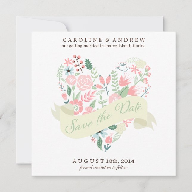 Modern Floral Heart Wedding Save the Date (Front)
