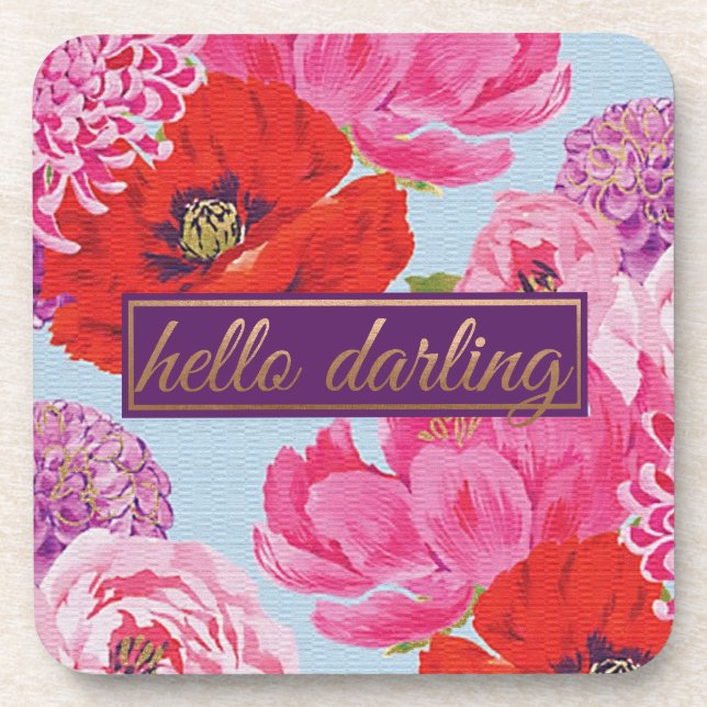 Modern Floral Hello Darling Square Coaster (Front)