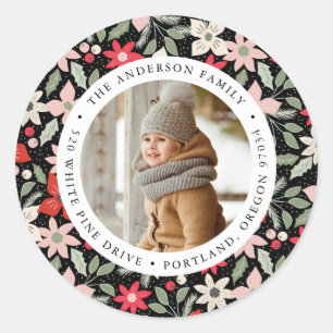 Modern Floral   Holiday Photo Return Address Classic Round Sticker