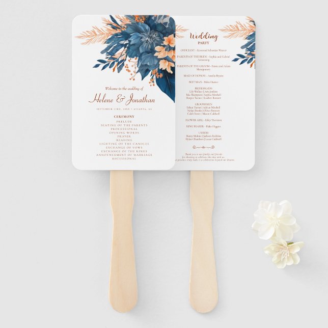 Modern Floral Indigo Rust Boho Elegant Wedding Hand Fan (Front and Back)