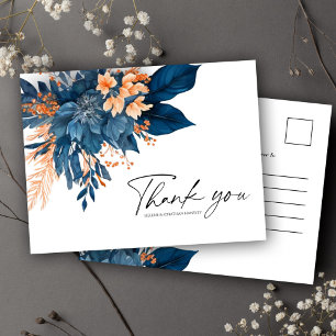 Modern Floral Indigo Rust Wedding Thank You Postcard