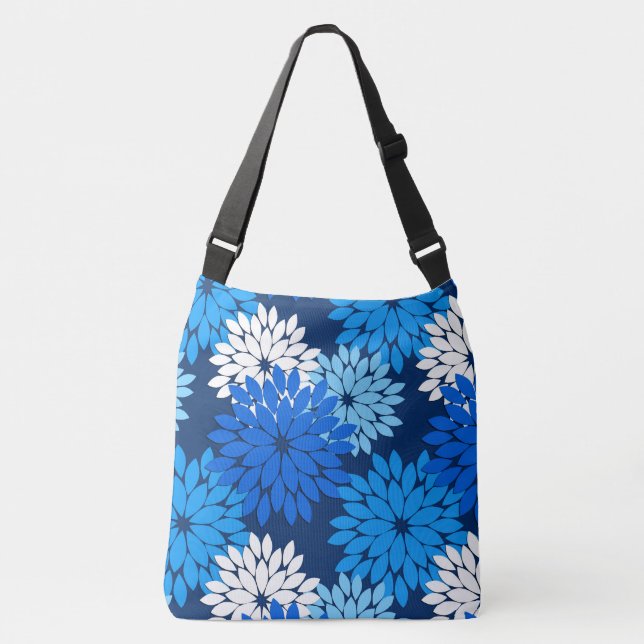 Modern Floral Kimono Print, Blue, Aqua & Navy Crossbody Bag (Front)