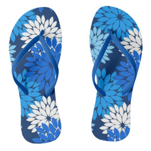 Modern Floral Kimono Print, Blue, Aqua & Navy Flip Flops