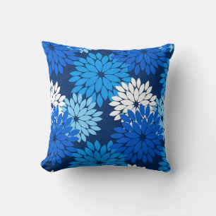 Modern Floral Kimono Print, Blue, Aqua & Navy Thro Cushion