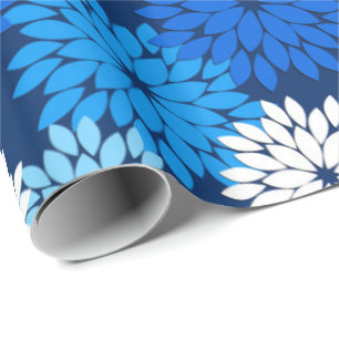 Modern Floral Kimono Print, Blue, Aqua & Navy Wrapping Paper