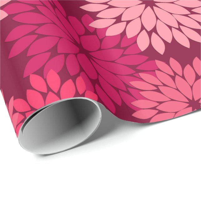 Modern Floral Kimono Print, Coral Pink & Burgundy Wrapping Paper (Roll Corner)