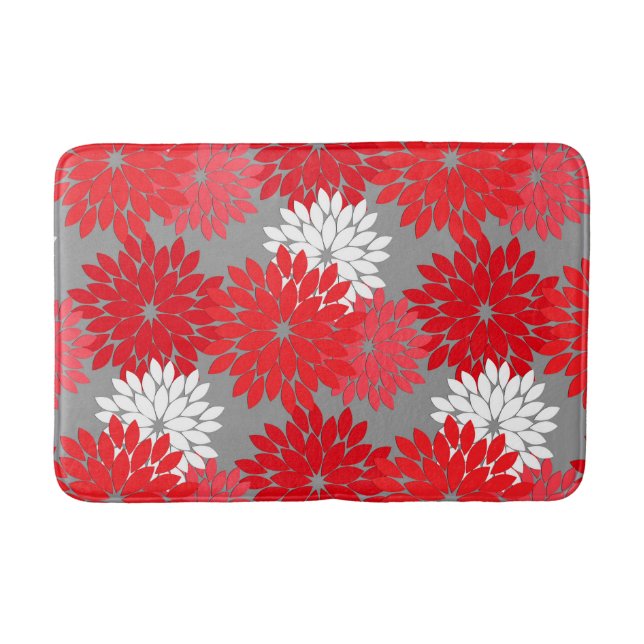 Modern Floral Kimono Print, Coral Red and Grey Bath Mat (Front)