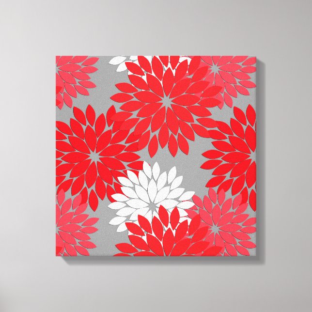 Modern Floral Kimono Print, Coral Red and Grey Canvas Print (Front)