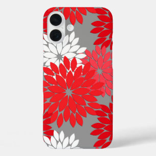 Modern Floral Kimono Print, Coral Red and Grey iPhone 16 Plus Case