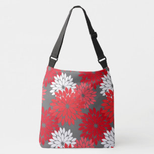Modern Floral Kimono Print, Coral Red and Grey Crossbody Bag