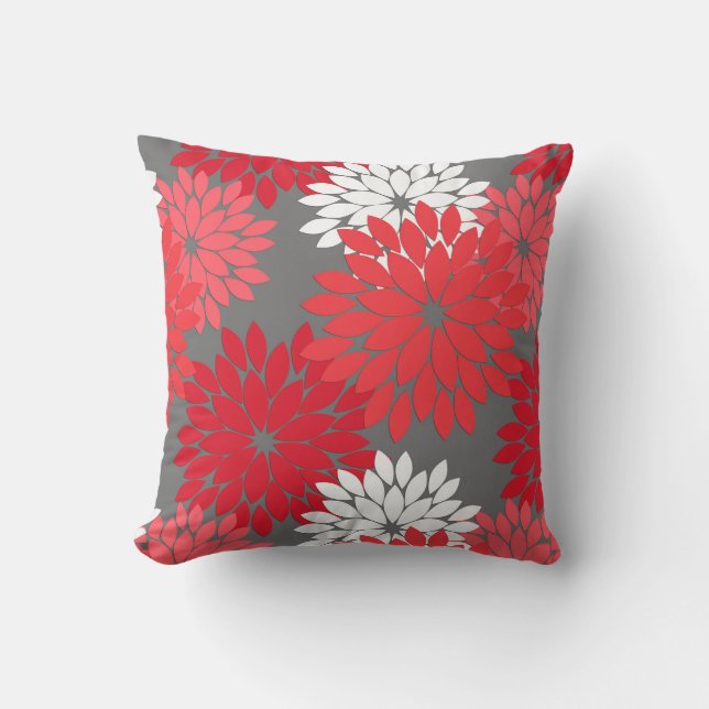 Modern Floral Kimono Print, Coral Red and Grey Cushion (Front)