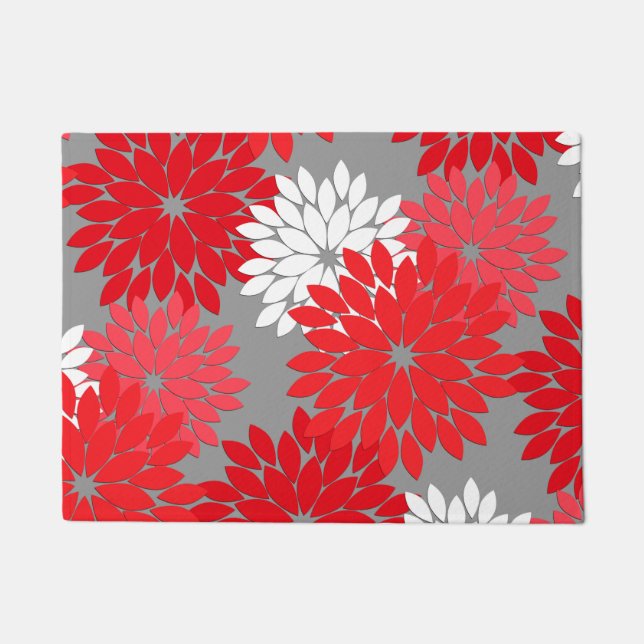 Modern Floral Kimono Print, Coral Red and Grey Doormat (Front)