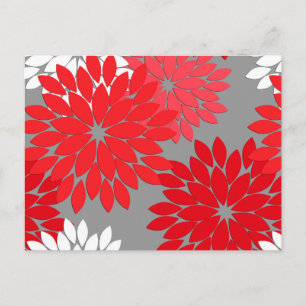 Modern Floral Kimono Print, Coral Red and Grey Postcard