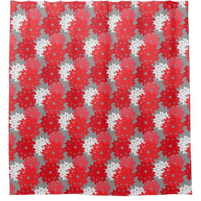 Modern Floral Kimono Print, Coral Red and Grey Shower Curtain (Front)
