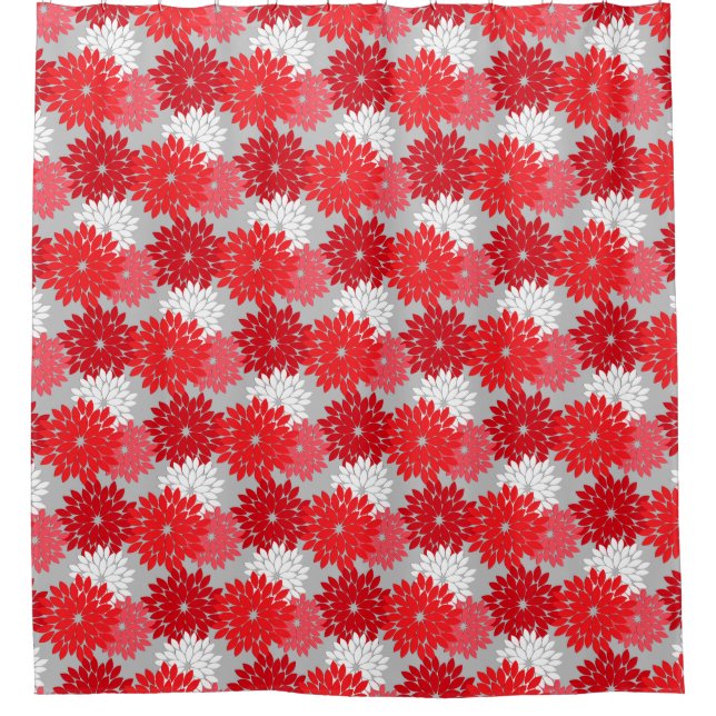 Modern Floral Kimono Print, Coral Red and Grey Shower Curtain (Front)