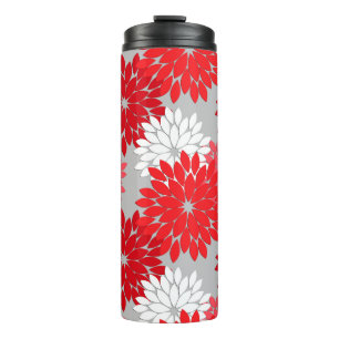 Modern Floral Kimono Print, Coral Red and Grey Thermal Tumbler