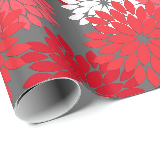 Modern Floral Kimono Print, Coral Red and Grey Wrapping Paper (Roll Corner)
