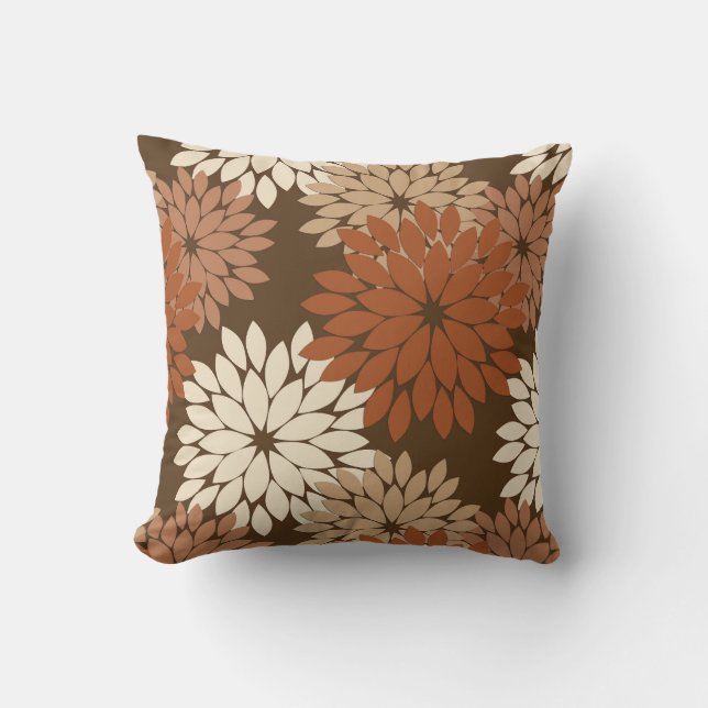 Modern Floral Kimono Print, Dark Brown and Tan Cushion (Front)