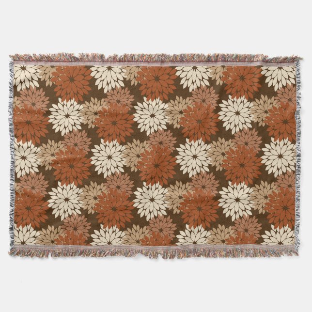 Modern Floral Kimono Print, Dark Brown and Tan Throw Blanket (Front)