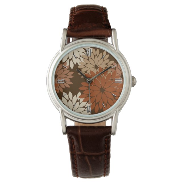 Modern Floral Kimono Print, Dark Brown and Tan Watch (Front)