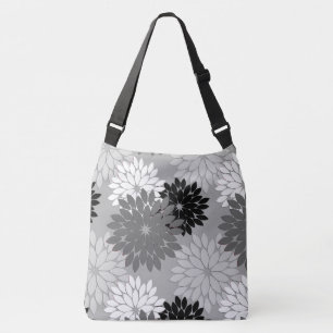 Modern Floral Kimono Print, Grey, Black and White Crossbody Bag