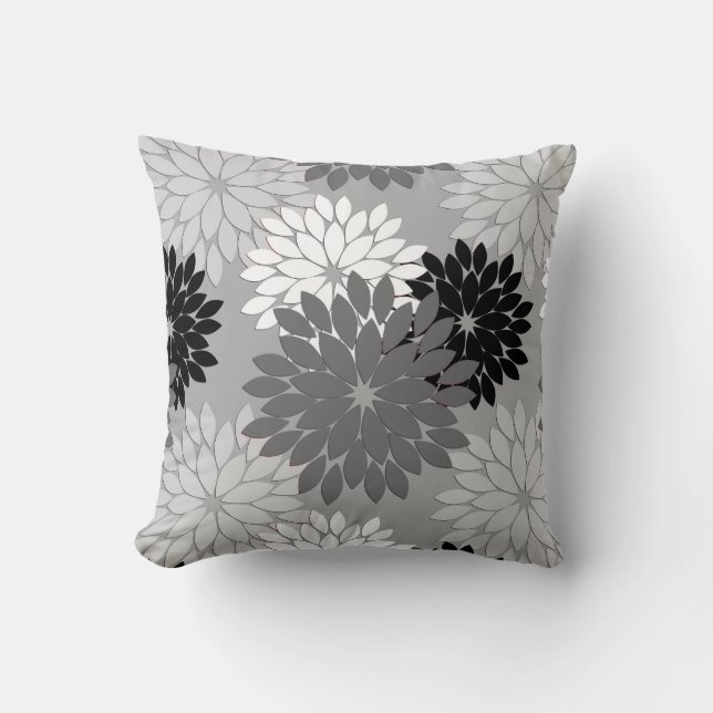Modern Floral Kimono Print, Grey, Black and White  Cushion (Front)