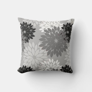 Modern Floral Kimono Print, Grey, Black and White Outdoor Cushion