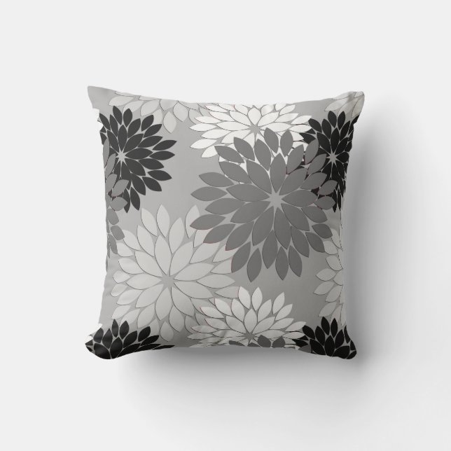 Modern Floral Kimono Print, Grey, Black and White Outdoor Cushion (Front)