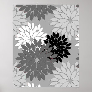 Modern Floral Kimono Print, Grey, Black and White Poster