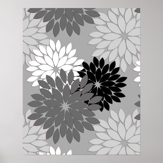 Modern Floral Kimono Print, Grey, Black and White Poster (Front)