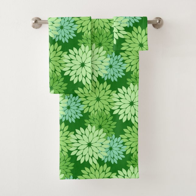 Modern Floral Kimono Print, Lime Green Bath Towel Set (Insitu)