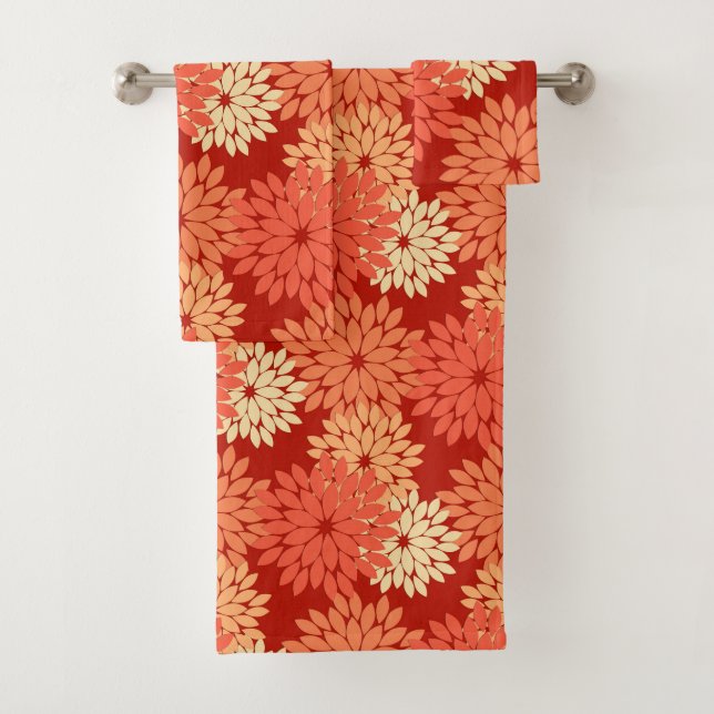 Modern Floral Kimono Print, Mandarin Orange Bath Towel Set (Insitu)