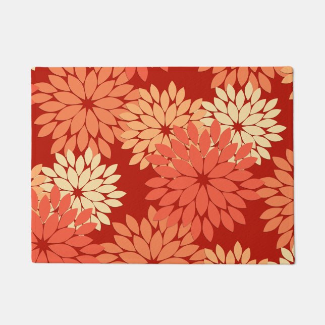 Modern Floral Kimono Print, Mandarin Orange Doormat (Front)