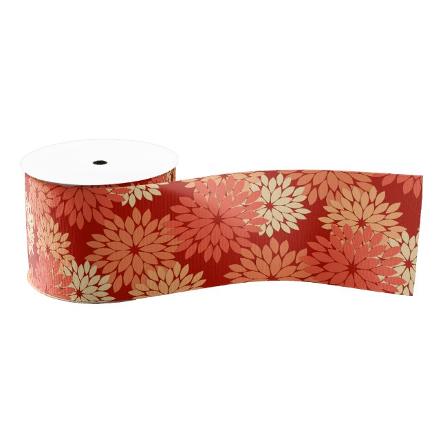 Modern Floral Kimono Print, Mandarin Orange Grosgrain Ribbon (Spool)