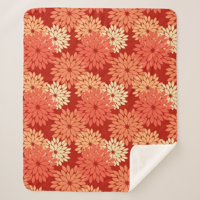 Modern Floral Kimono Print, Mandarin Orange Sherpa Blanket (Front)